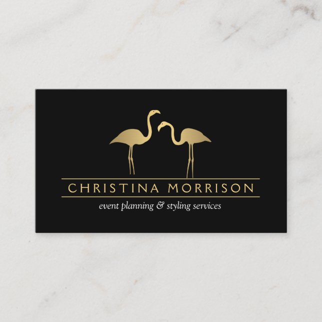 Elegant Gold Flamingos Event Planner Business Card (Front)