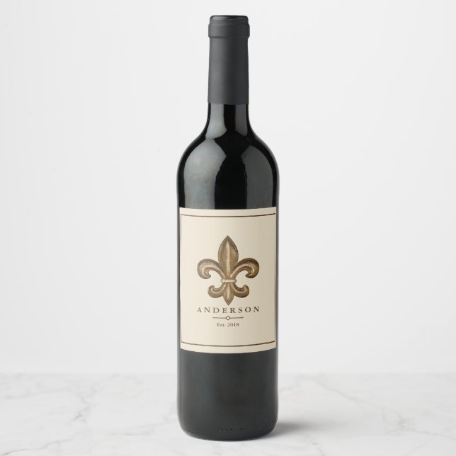 Elegant Gold Fleur de Lis & Taupe | Personalised Wine Label (Front)