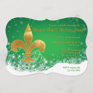 Elegant Gold Fleur Green Holiday Invitation