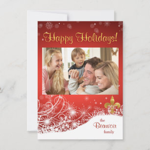 Elegant Gold Fleur Red Holiday Photo Greeting Card