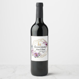 Elegant Gold Floral 1st Year Anniversary Wine Label