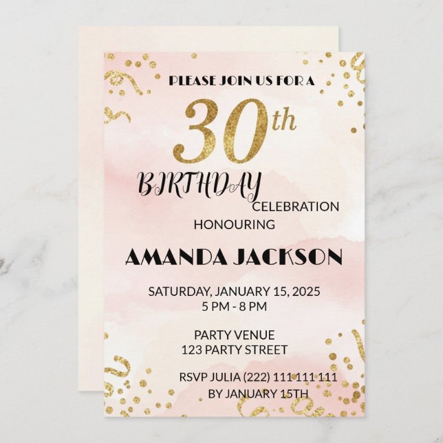 Elegant Gold Floral 30th Birthday Invitation (Front/Back)
