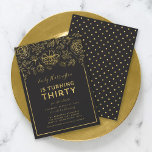 Elegant Gold Floral 30th Birthday Party Invitation<br><div class="desc">Elegant Floral 30th Birthday Party invitation featuring faux gold foil floral and border against a dark grey background on the front. Invitation has a faux gold polka dot pattern against a dark grey background back side. Personalise this invitation with your details by replacing the placeholder text. For more options such...</div>