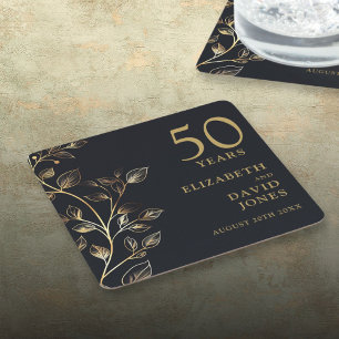 Elegant Gold Floral 50th Wedding Anniversary Square Paper Coaster