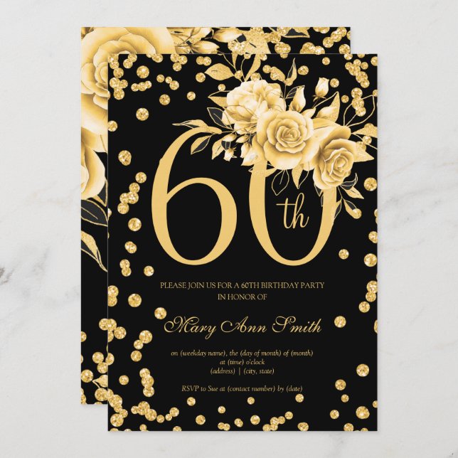 Elegant Gold Floral 60th Birthday Party Black  Invitation (Front/Back)