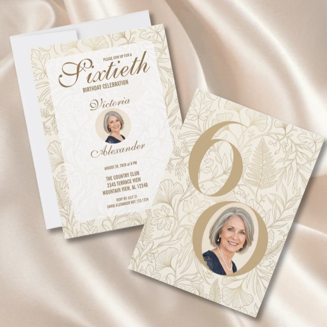 Elegant Gold Floral 60th Birthday Photo Invitation (Elegant Gold Floral 60th Birthday Photo Invitation)