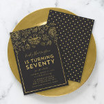 Elegant Gold Floral 70th Birthday Party Invitation<br><div class="desc">Elegant Floral 70th Birthday Party invitation featuring faux gold foil floral and border against a dark grey background on the front. Invitation has a faux gold polka dot pattern against a dark grey background back side. Personalise this invitation with your details by replacing the placeholder text. For more options such...</div>