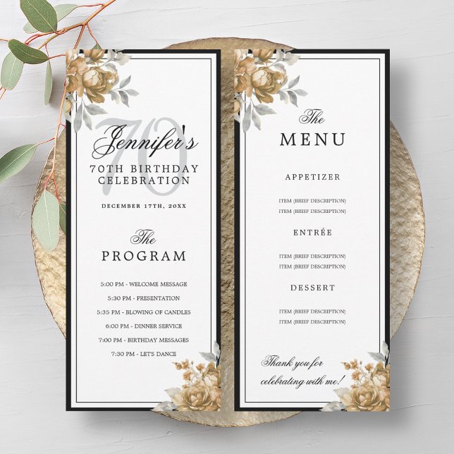 Elegant Gold Floral 70th Birthday Program Menu  Invitation (Elegant Gold Floral 70th Birthday Program Menu )