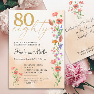 Elegant Gold Floral 80th Birthday – 80 Years Invit Invitation