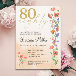 Elegant Gold Floral 80th Birthday – 80 Years Invitation