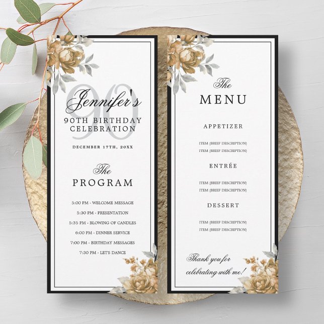Elegant Gold Floral 90th Birthday Program Menu  Invitation (Elegant Gold Floral 90th Birthday Program Menu)