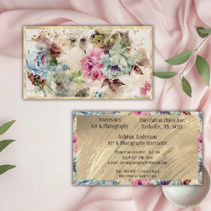 Elegant Gold Floral Abstract Watercolor Rustic Bus Business Card