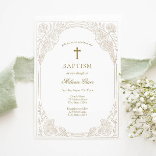 Elegant Gold Floral Baptism Invitation