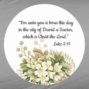 Elegant Gold Floral Bible Verse Christmas Classic Round Sticker