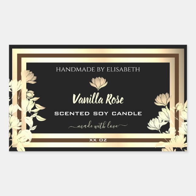Elegant Gold Floral Black Product Packaging Labels (Front)