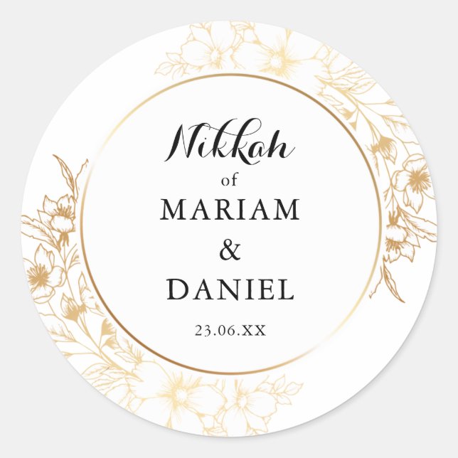 Elegant Gold Floral Border Nikah Muslim Wedding Classic Round Sticker (Front)