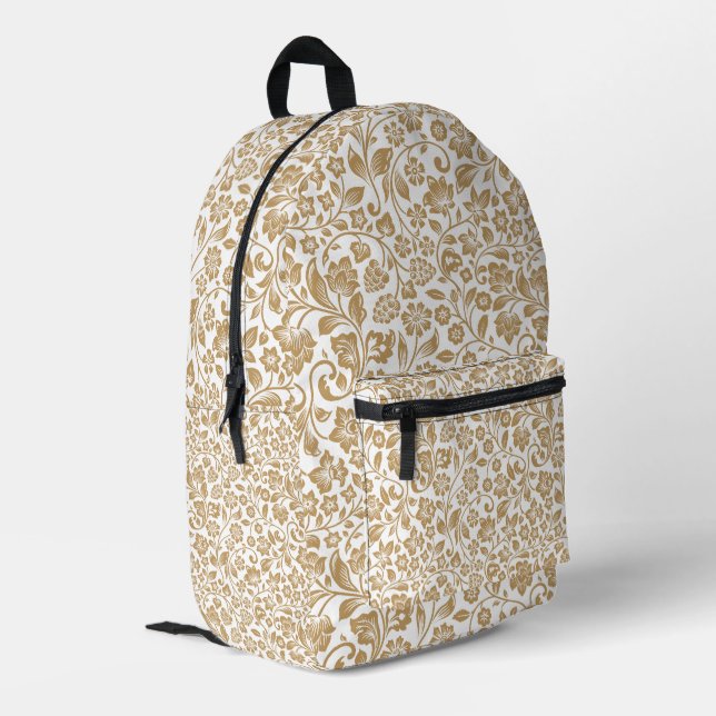 Elegant Gold Floral Botanical Pattern Printed Backpack (Back Corner Left)