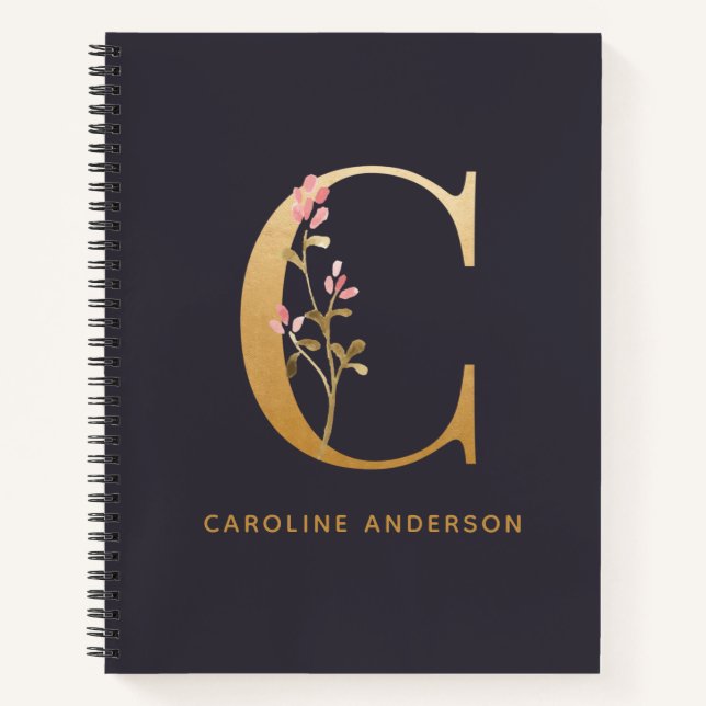 Elegant Gold Floral C Monogram Chic Personalised Notebook (Front)