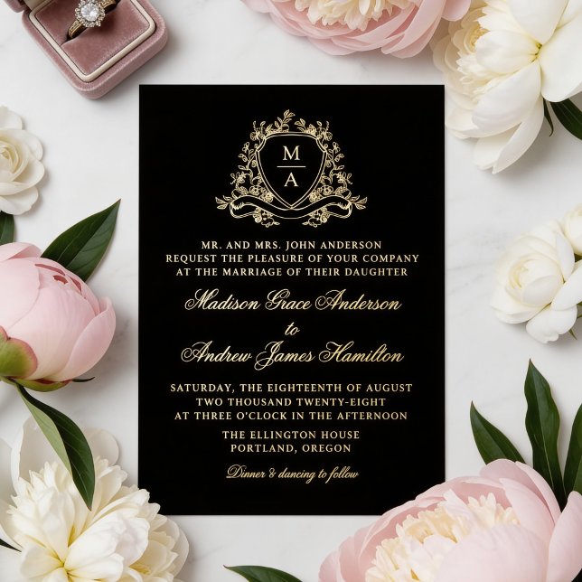 Elegant Gold Floral Crest Monogram Wedding (Creator Uploaded)