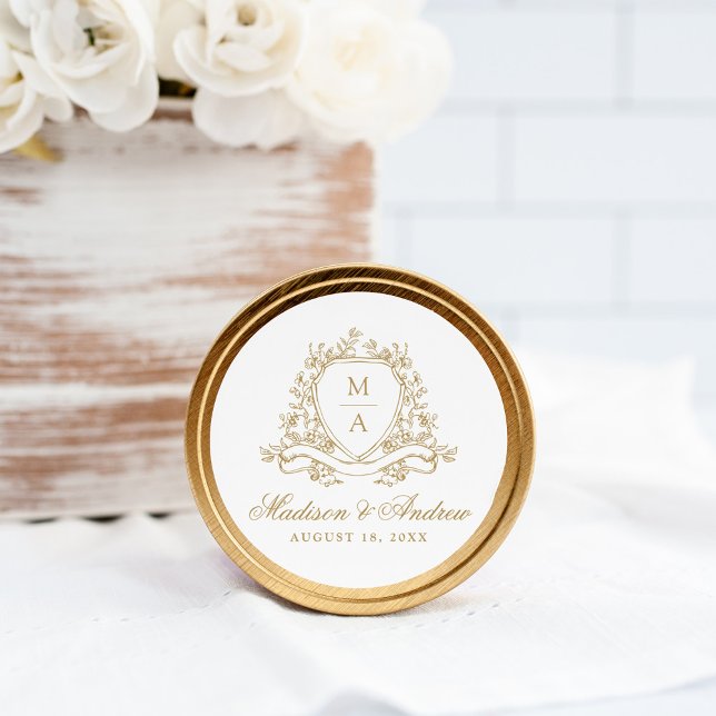 Elegant Gold Floral Crest Monogram Wedding Classic Round Sticker (Creator Uploaded)