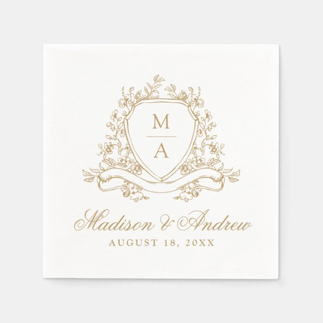 Elegant Gold Floral Crest Monogram Wedding Napkin (Front)