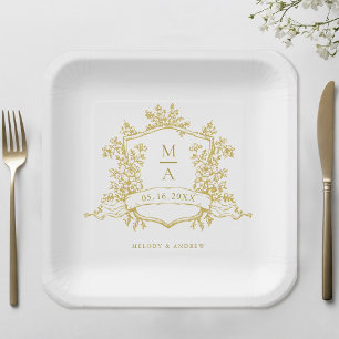 Elegant Gold Floral Crest Monogram Wedding Paper Plate