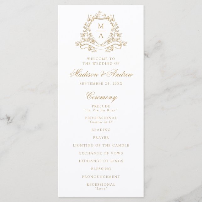 Elegant Gold Floral Crest Monogram Wedding Programme (Front)