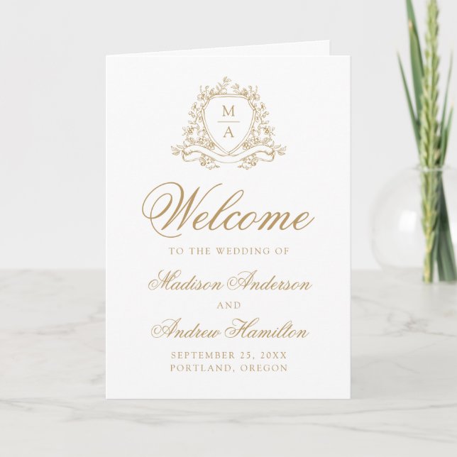 Elegant Gold Floral Crest Monogram Wedding Programme (Front)