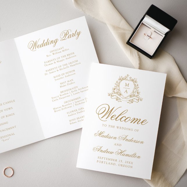 Elegant Gold Floral Crest Monogram Wedding Programme (Creator Uploaded)