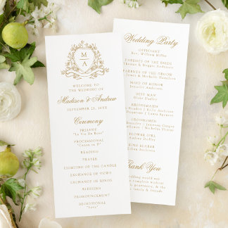 Elegant Gold Floral Crest Monogram Wedding Programme