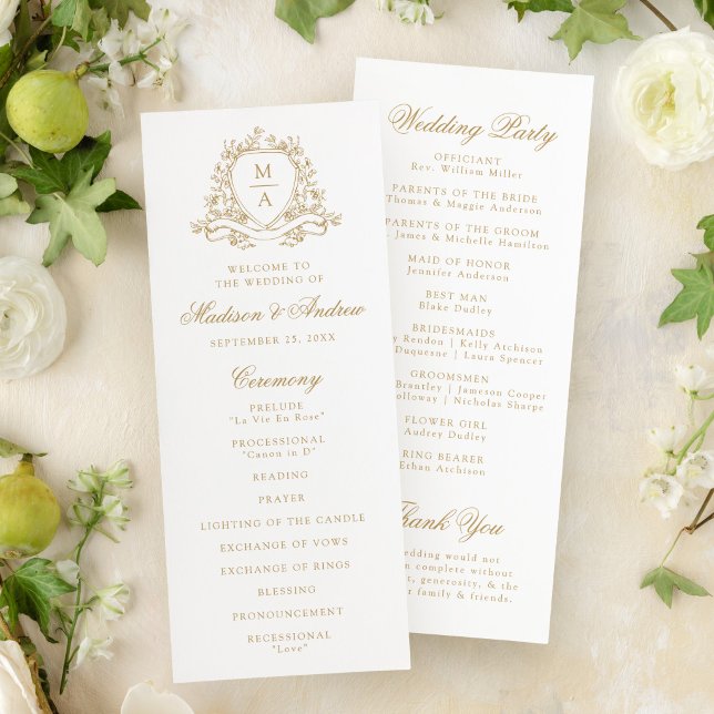 Elegant Gold Floral Crest Monogram Wedding Programme (Creator Uploaded)
