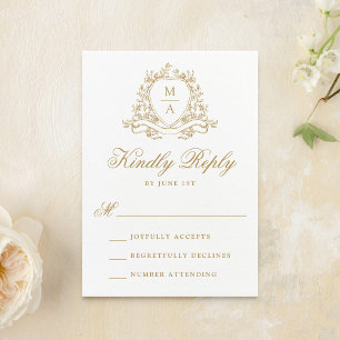 Elegant Gold Floral Crest Monogram Wedding RSVP Card