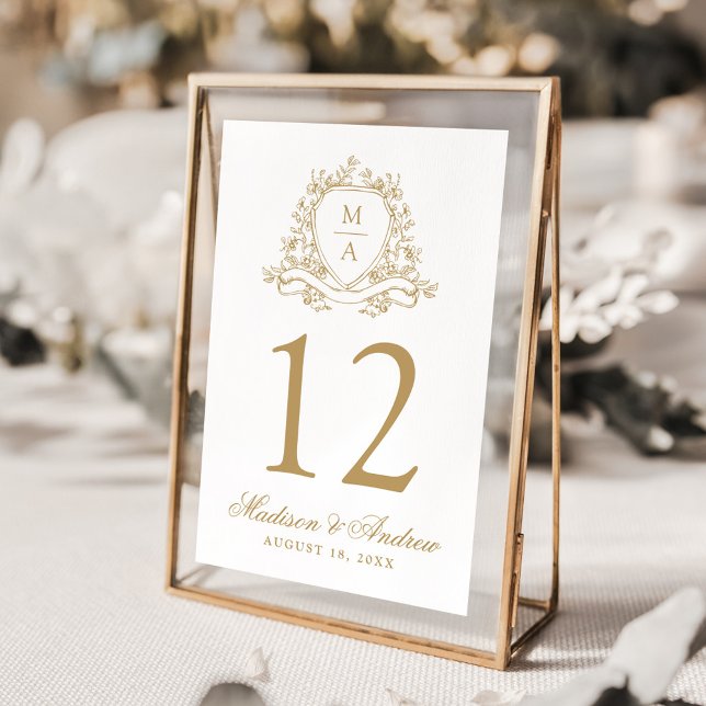 Elegant Gold Floral Crest Monogram Wedding Table Number (Creator Uploaded)