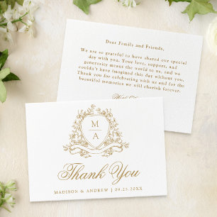 Elegant Gold Floral Crest Monogram Wedding Thank You Card