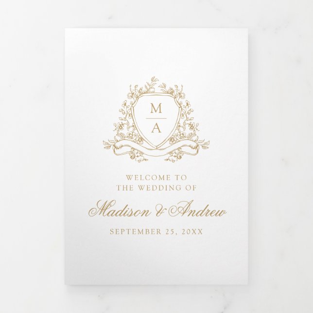 Elegant Gold Floral Crest Monogram Wedding Tri-Fold Programme (Cover)