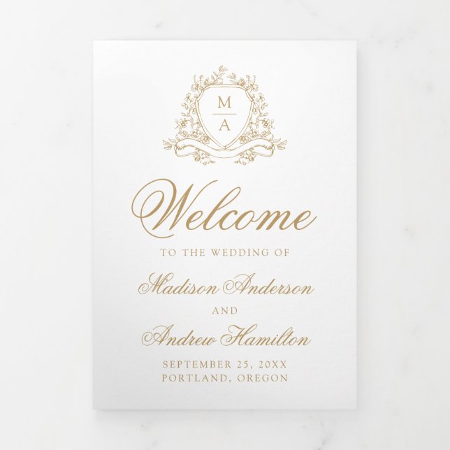 Elegant Gold Floral Crest Monogram Wedding Tri-Fold Programme (Cover)
