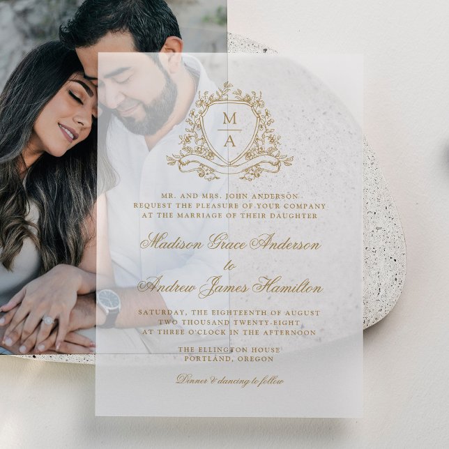 Elegant Gold Floral Crest Monogram Wedding Vellum Invitations (Creator Uploaded)