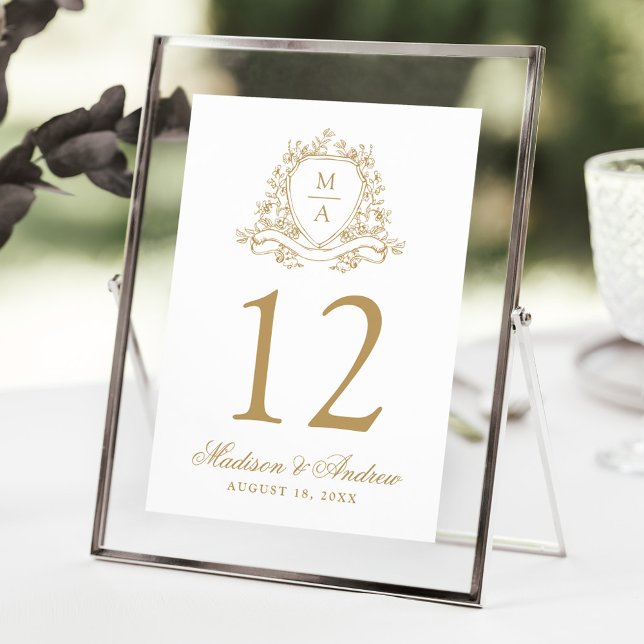 Elegant Gold Floral Crest Wedding Table Number (Creator Uploaded)