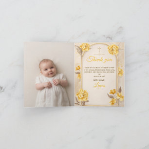 Elegant Gold Floral Cross Baby Photo Baptism Thank You Card