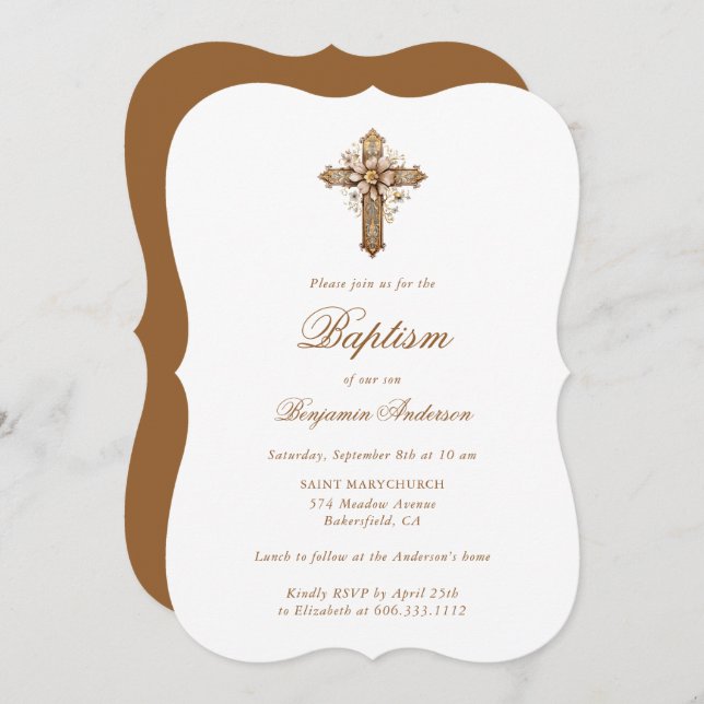 Elegant Gold Floral Cross Baptism Invitation (Front/Back)
