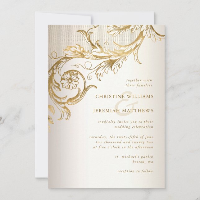 Elegant Gold Floral Damask All In One RSVP Wedding Invitation (Front)