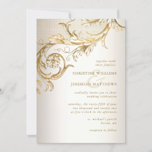 Elegant Gold Floral Damask All In One RSVP Wedding Invitation