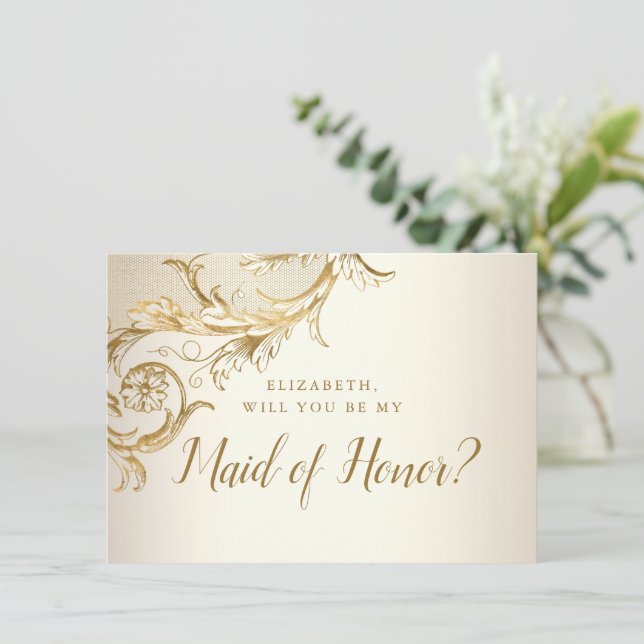 Elegant Gold Floral Damask Script Maid of Honour Invitation (Standing Front)