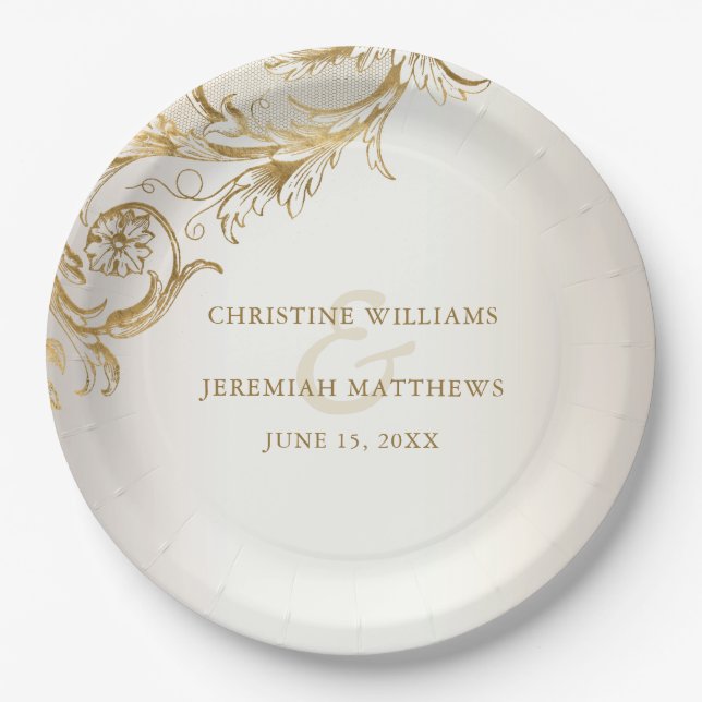 Elegant Gold Floral Damask Shiny Champagne Wedding Paper Plate (Front)