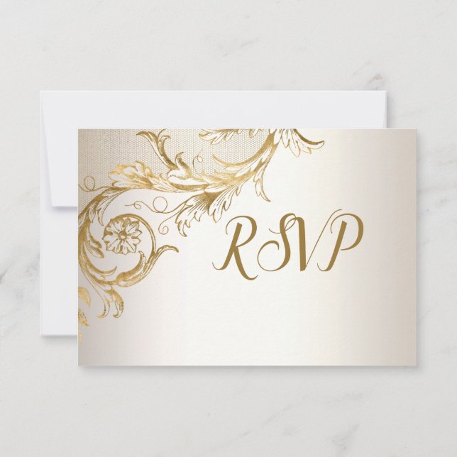 Elegant Gold Floral Damask Shiny Champagne Wedding RSVP Card (Back)
