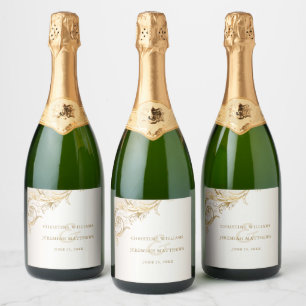 Elegant Gold Floral Damask Shiny Sparkling Wine We Label