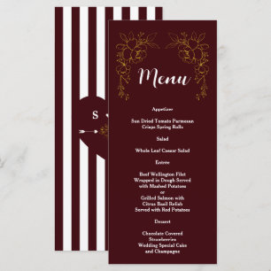 Elegant Gold Floral Deep Burgundy Stripes Wedding  Menu