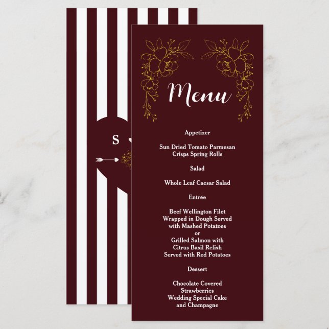 Elegant Gold Floral Deep Burgundy Stripes Wedding  Menu (Front/Back)