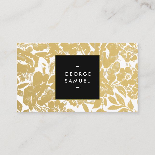 Elegant Gold Floral Design With Bold Black Business Card (Front)