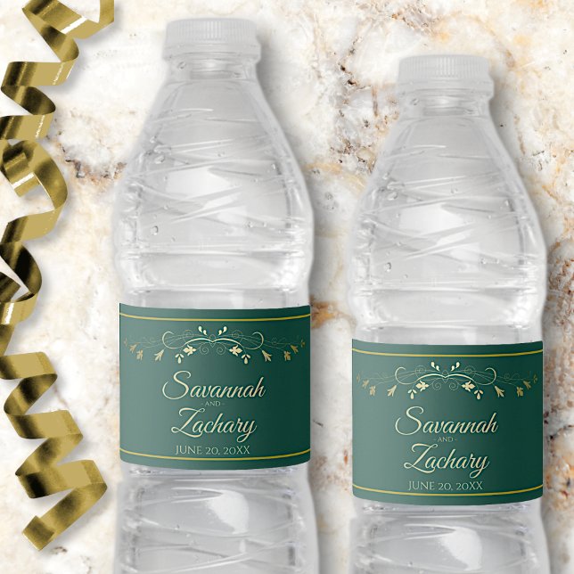 Elegant Gold Floral Flourish Emerald Green Wedding Water Bottle Label (Creator Uploaded)